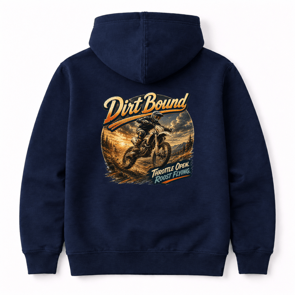 Camberline Riders Dirt Bound Enduro Bike Hoodie – Navy — back view showing the Camberline Riders Dirt Bound Enduro Bike graphic print