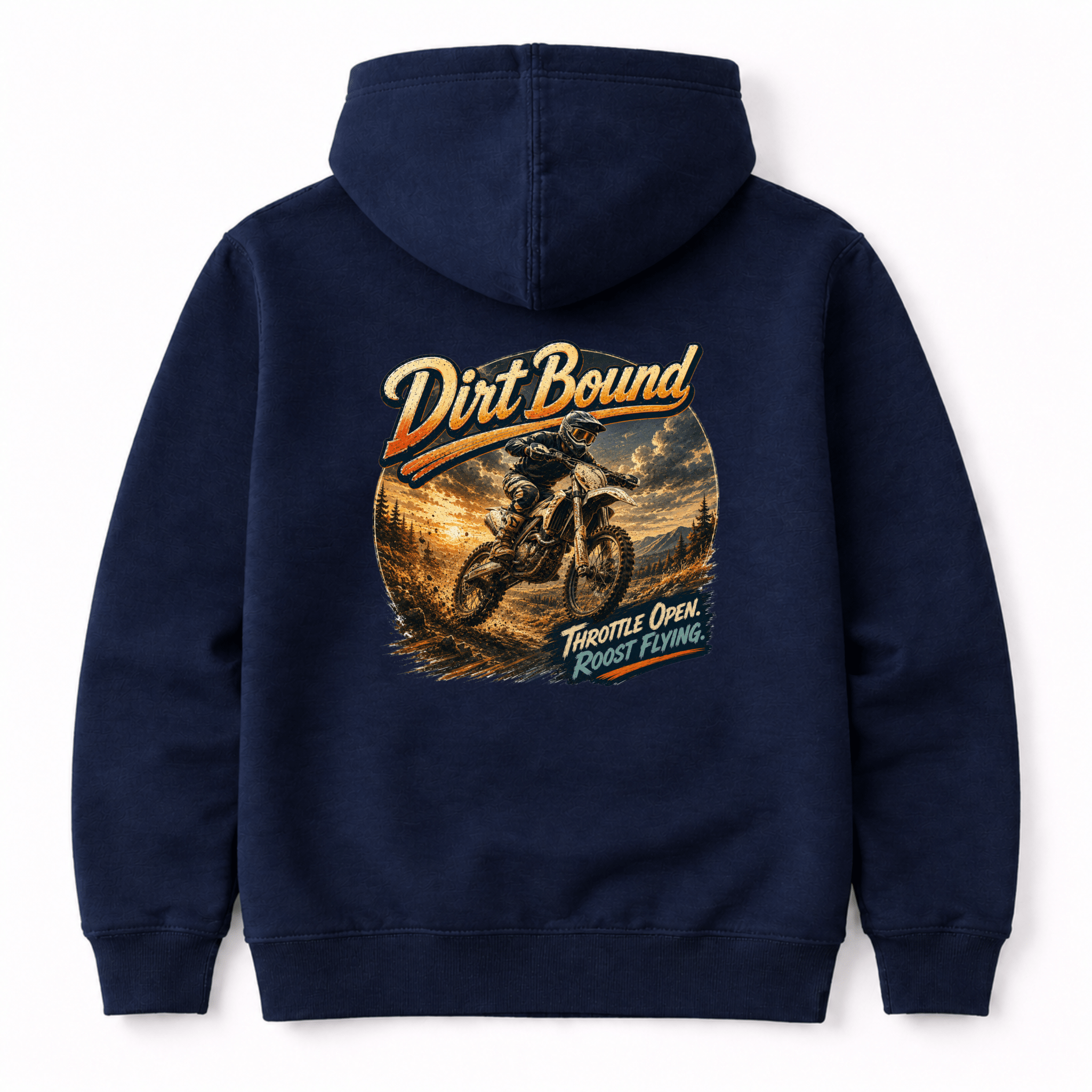 Camberline Riders Dirt Bound Enduro Bike Hoodie – Navy — back view showing the Camberline Riders Dirt Bound Enduro Bike graphic print