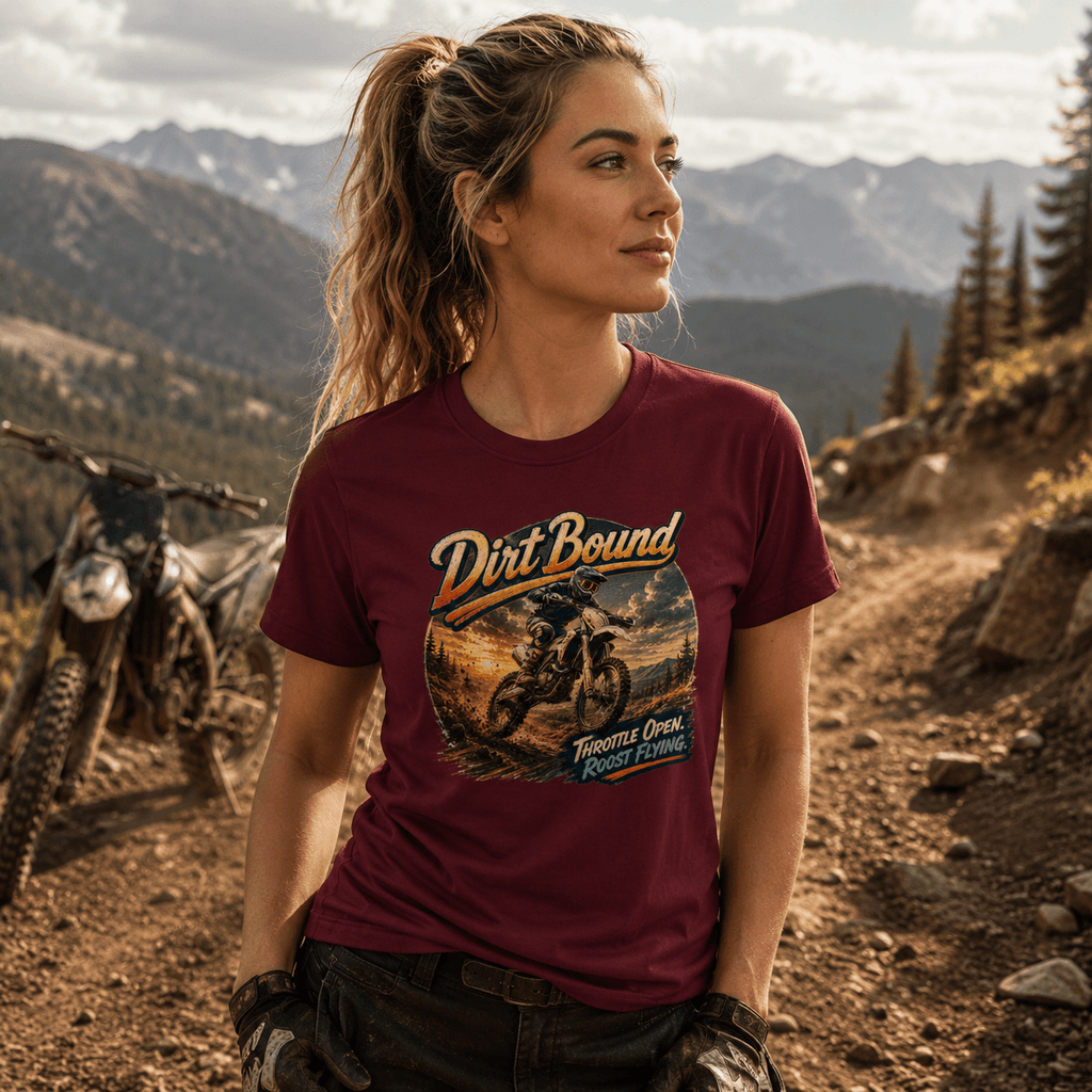 Model wearing the Camberline Riders Dirt Bound Motocross Dirt Bike T-Shirt – Burgundy, showing the Riders front graphic in a motorcycle-inspired setting