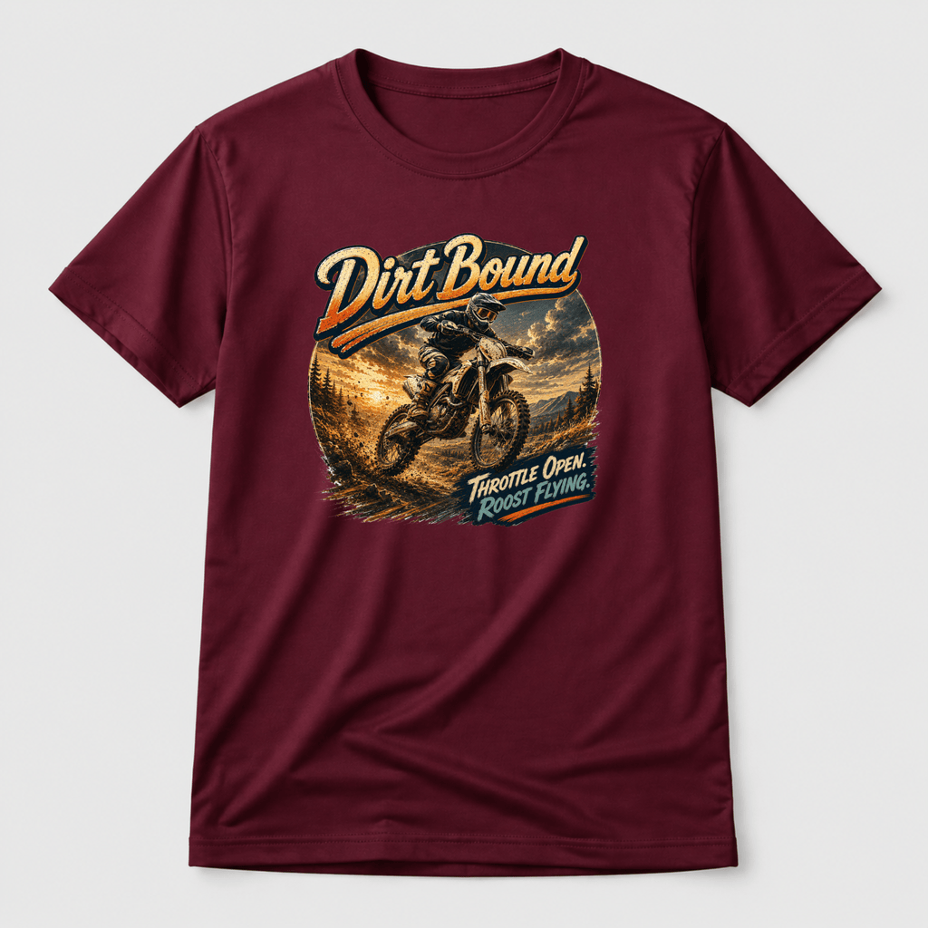 Camberline Riders Dirt Bound Motocross Dirt Bike T-Shirt – Burgundy — front view showing the Camberline Riders Dirt Bound Motocross Dirt Bike graphic print