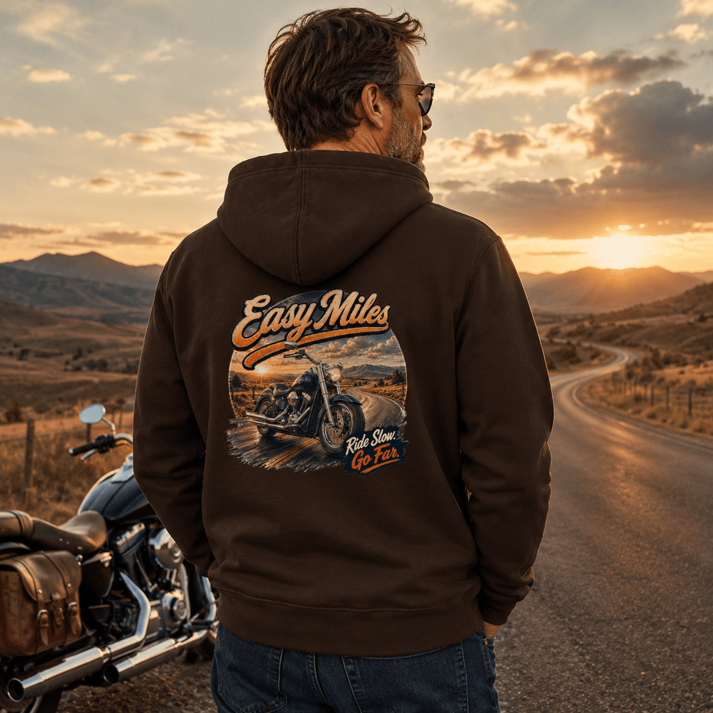 Model wearing the Camberline Riders Easy Miles Custom Chopper Motorcycle Hoodie – Hot Chocolate, showing the Riders back graphic in a motorcycle-inspired setting