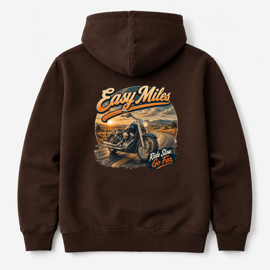Camberline Riders Easy Miles Custom Chopper Motorcycle Hoodie – Hot Chocolate — back view showing the Camberline Riders Easy Miles Custom Chopper Motorcycle graphic print
