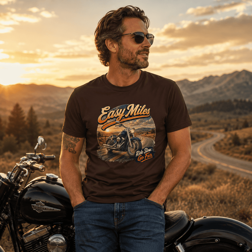 Model wearing the Camberline Riders Easy Miles Custom Chopper T-Shirt – Hot Chocolate, showing the Riders front graphic in a motorcycle-inspired setting
