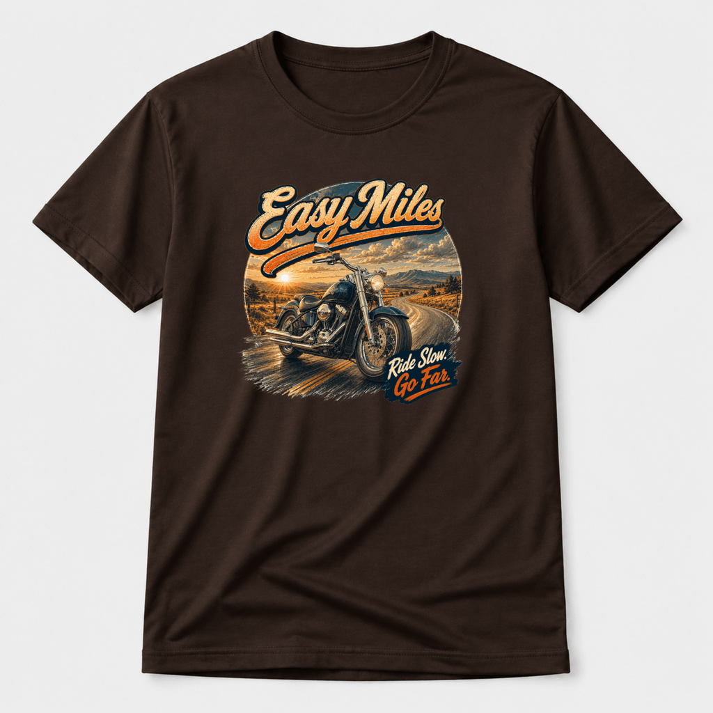 Camberline Riders Easy Miles Custom Chopper T-Shirt – Hot Chocolate — front view showing the Camberline Riders Easy Miles Custom Chopper graphic print