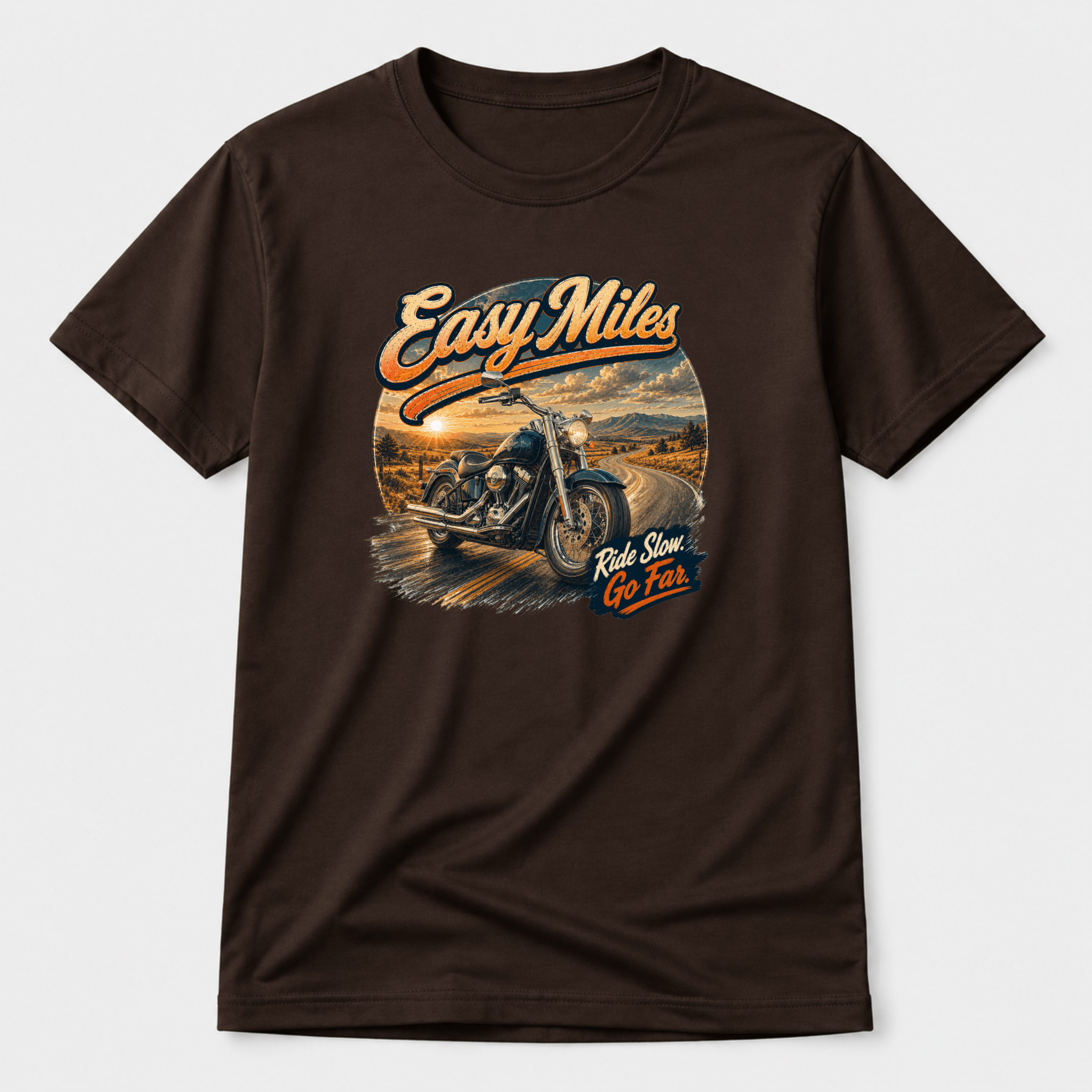 Camberline Riders Easy Miles Custom Chopper T-Shirt – Hot Chocolate — front view showing the Camberline Riders Easy Miles Custom Chopper graphic print