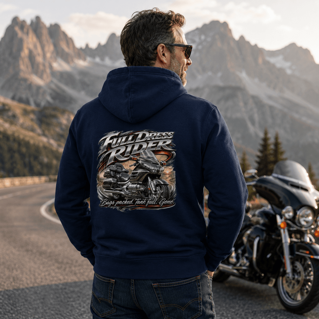 Model wearing the Camberline Riders Full Dress Rider Touring Motorcycle Hoodie – Navy, showing the Riders back graphic in a motorcycle-inspired setting