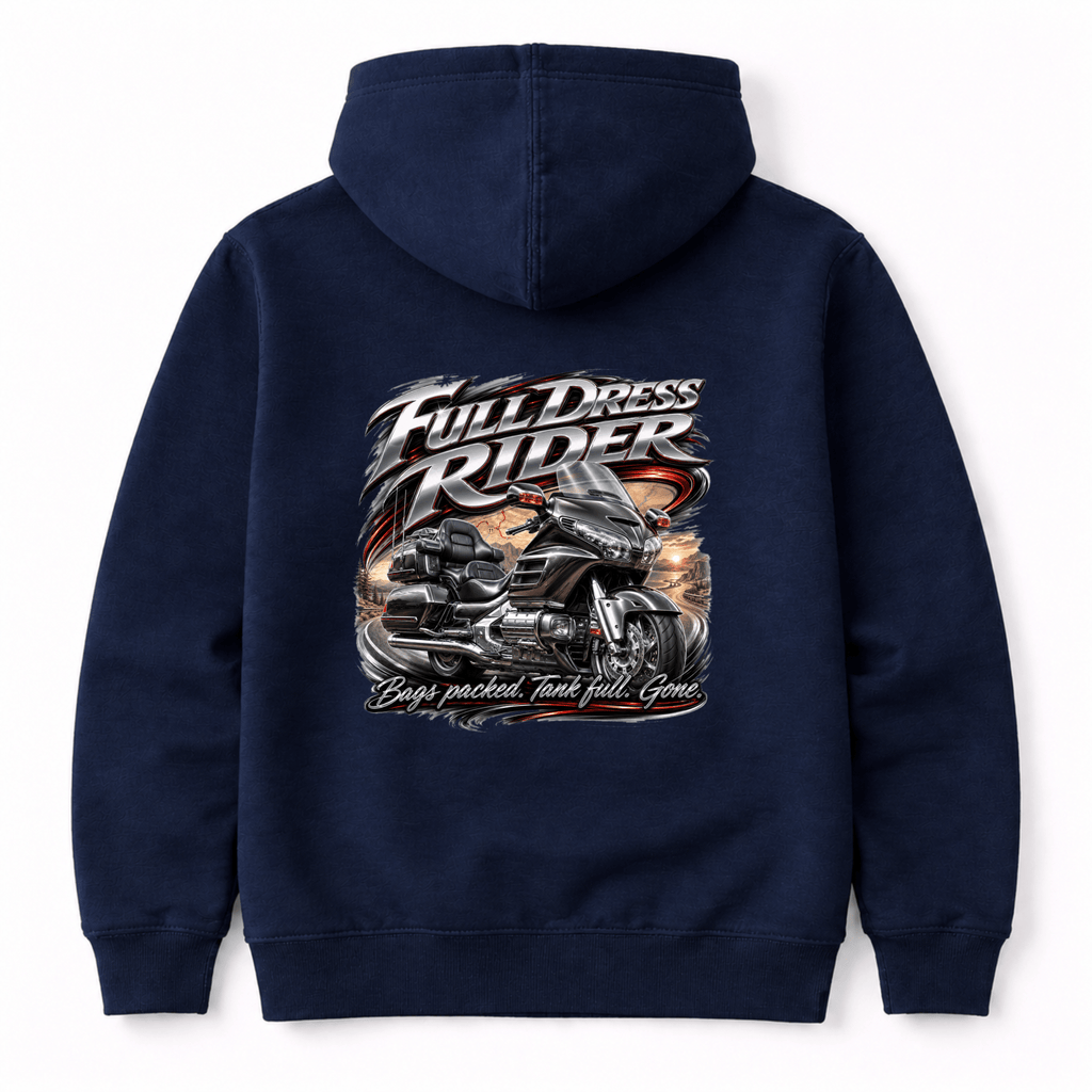 Camberline Riders Full Dress Rider Touring Motorcycle Hoodie – Navy — back view showing the Camberline Riders Full Dress Rider Touring Motorcycle graphic print