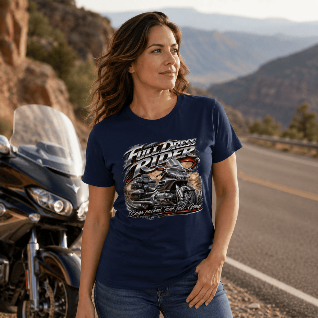 Model wearing the Camberline Riders Full Dress Rider Touring Motorcycle T-Shirt – Navy, showing the Riders front graphic in a motorcycle-inspired setting