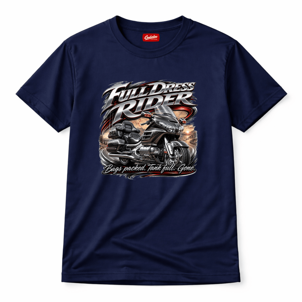Camberline Riders Full Dress Rider Touring Motorcycle T-Shirt – Navy — front view showing the Camberline Riders Full Dress Rider Touring Motorcycle graphic print