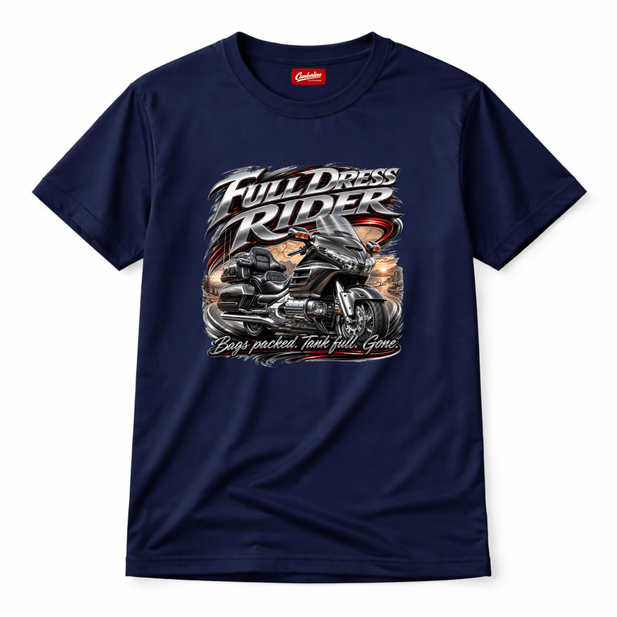 Camberline Riders Full Dress Rider Touring Motorcycle T-Shirt – Navy — front view showing the Camberline Riders Full Dress Rider Touring Motorcycle graphic print