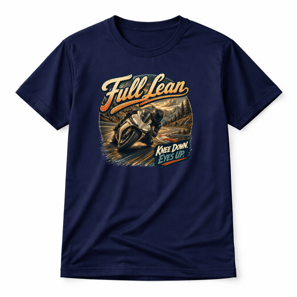 Camberline Riders Full Lean Sport Bike T-Shirt – Navy — front view showing the Camberline Riders Full Lean Sport Bike graphic print