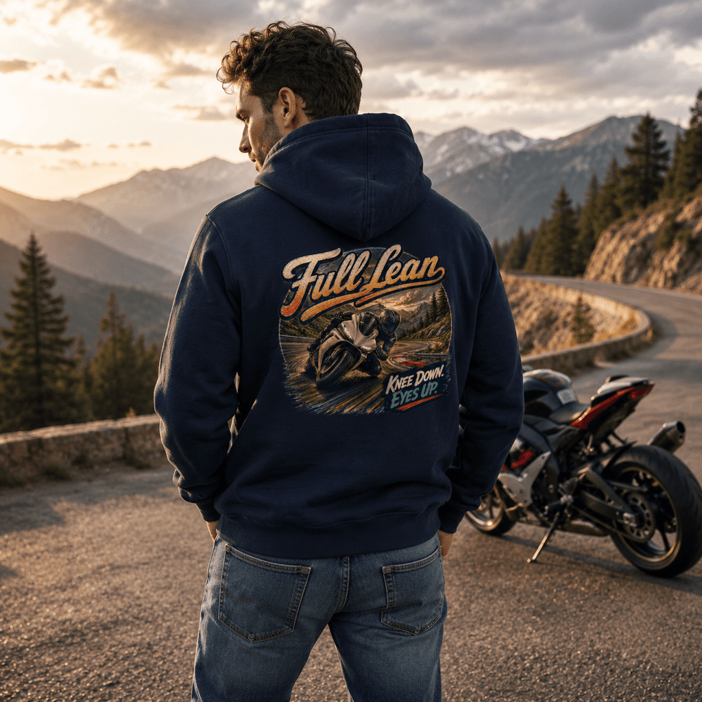 Model wearing the Camberline Riders Full Lean Sport Bike Hoodie – Navy, showing the Riders back graphic in a motorcycle-inspired setting