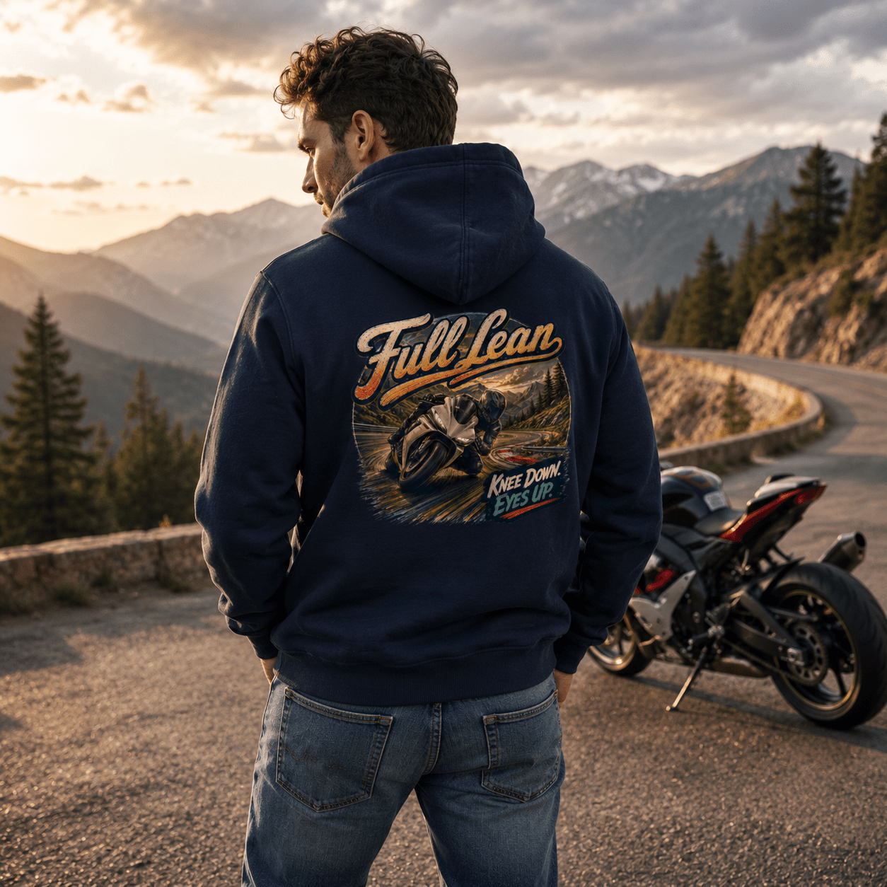 Model wearing the Camberline Riders Full Lean Sport Bike Hoodie – Navy, showing the Riders back graphic in a motorcycle-inspired setting