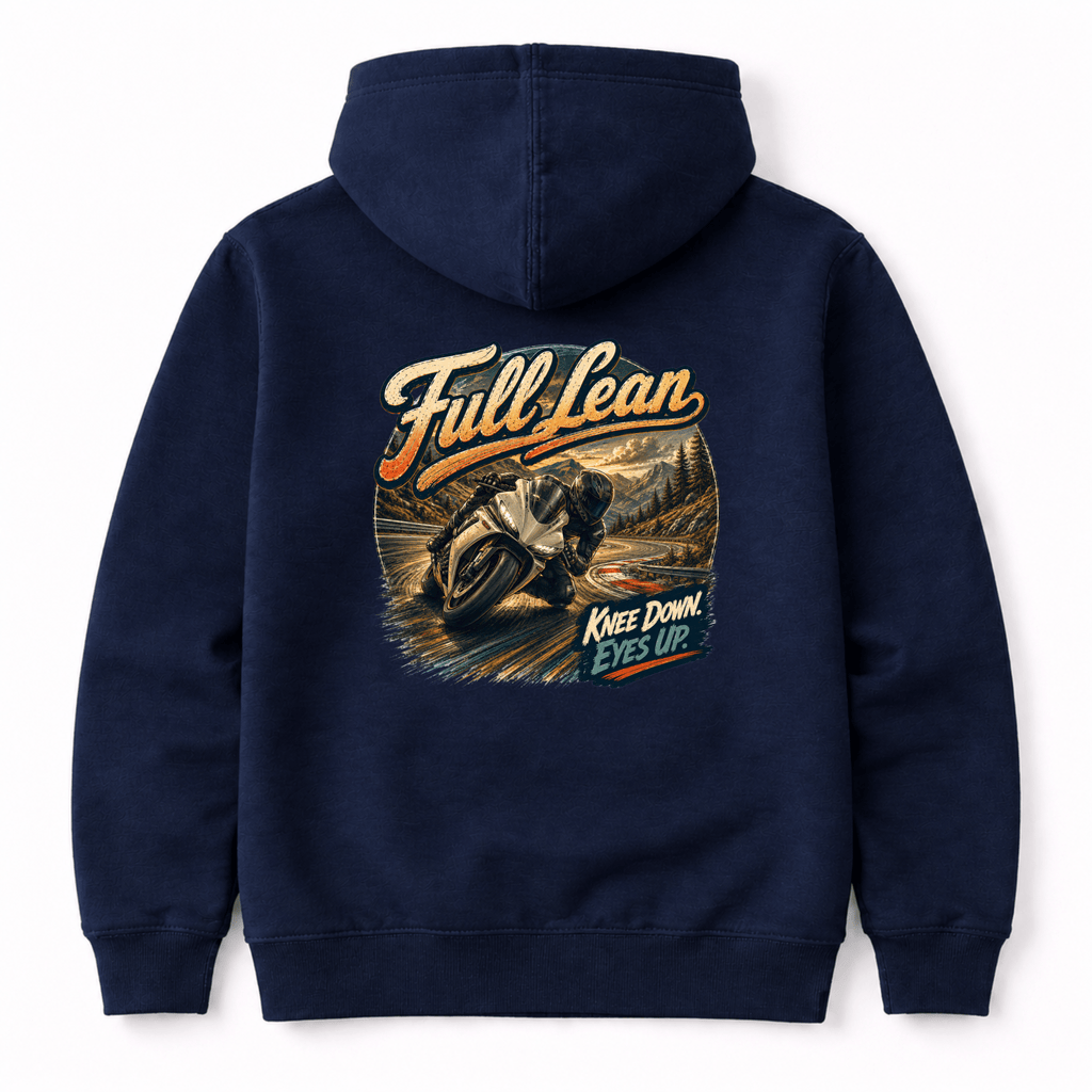 Camberline Riders Full Lean Sport Bike Hoodie – Navy — back view showing the Camberline Riders Full Lean Sport Bike graphic print