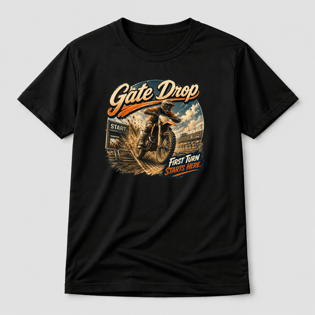 Camberline Riders Gate Drop Motocross Dirt Bike T-Shirt – Black — front view showing the Camberline Riders Gate Drop Motocross Dirt Bike graphic print