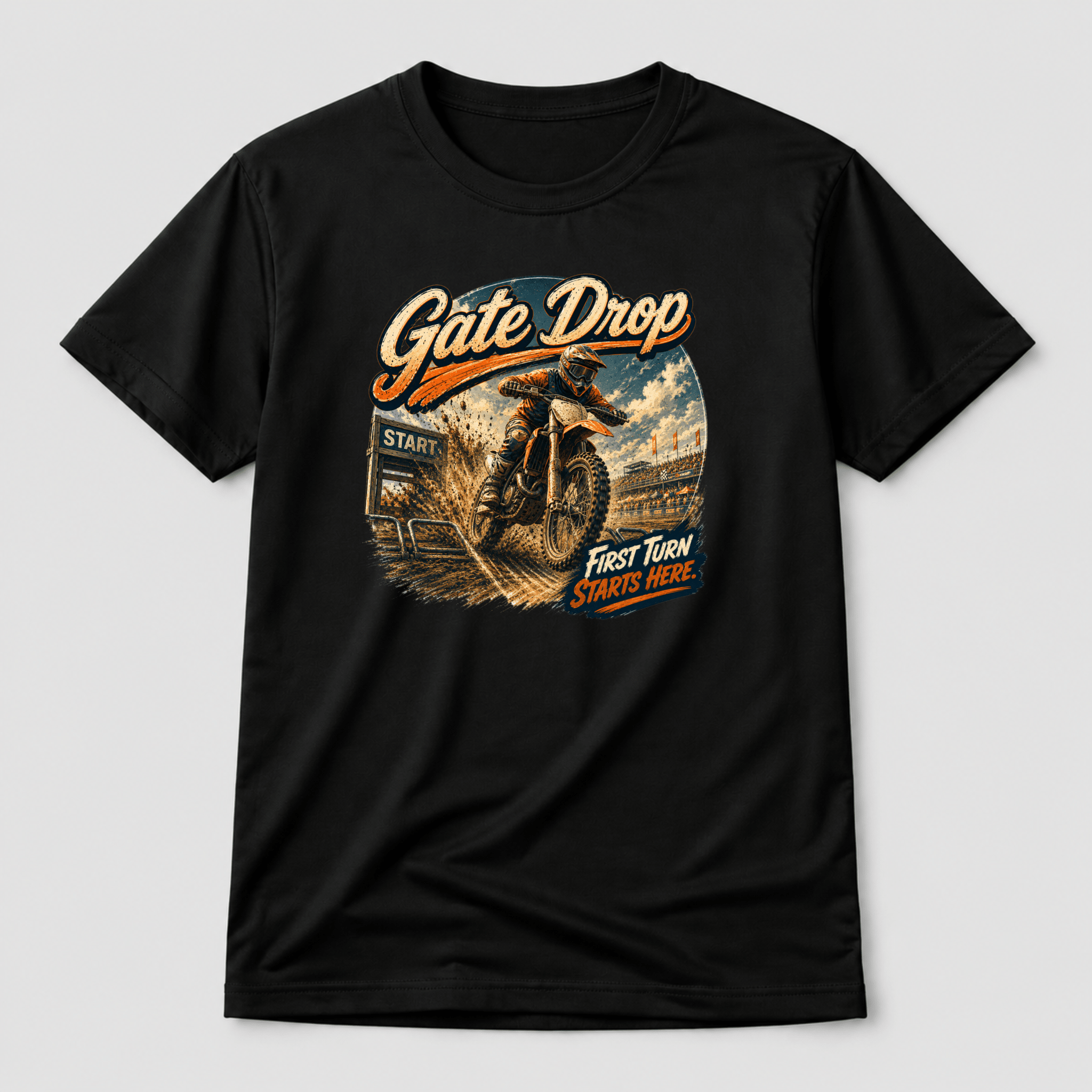 Camberline Riders Gate Drop Motocross Dirt Bike T-Shirt – Black — front view showing the Camberline Riders Gate Drop Motocross Dirt Bike graphic print