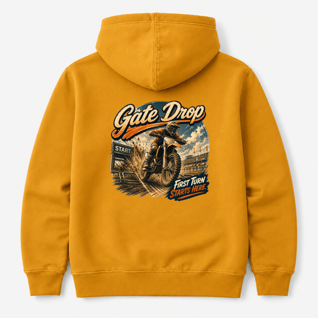 Camberline Riders Gate Drop Motocross Hoodie – Mustard — back view showing the Camberline Riders Gate Drop Motocross graphic print