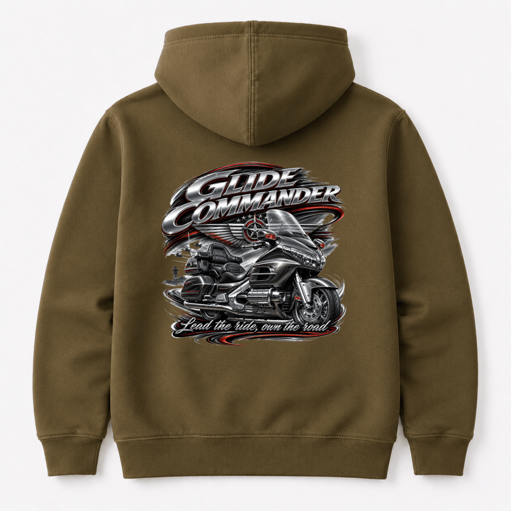 Camberline Riders Glide Commander Luxury Tourer Hoodie – Khaki — back view showing the Camberline Riders Glide Commander Luxury Tourer graphic print