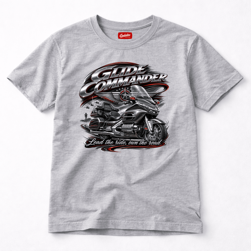 Camberline Riders Glide Commander Luxury Tourer T-Shirt – Grey — front view showing the Camberline Riders Glide Commander Luxury Tourer graphic print
