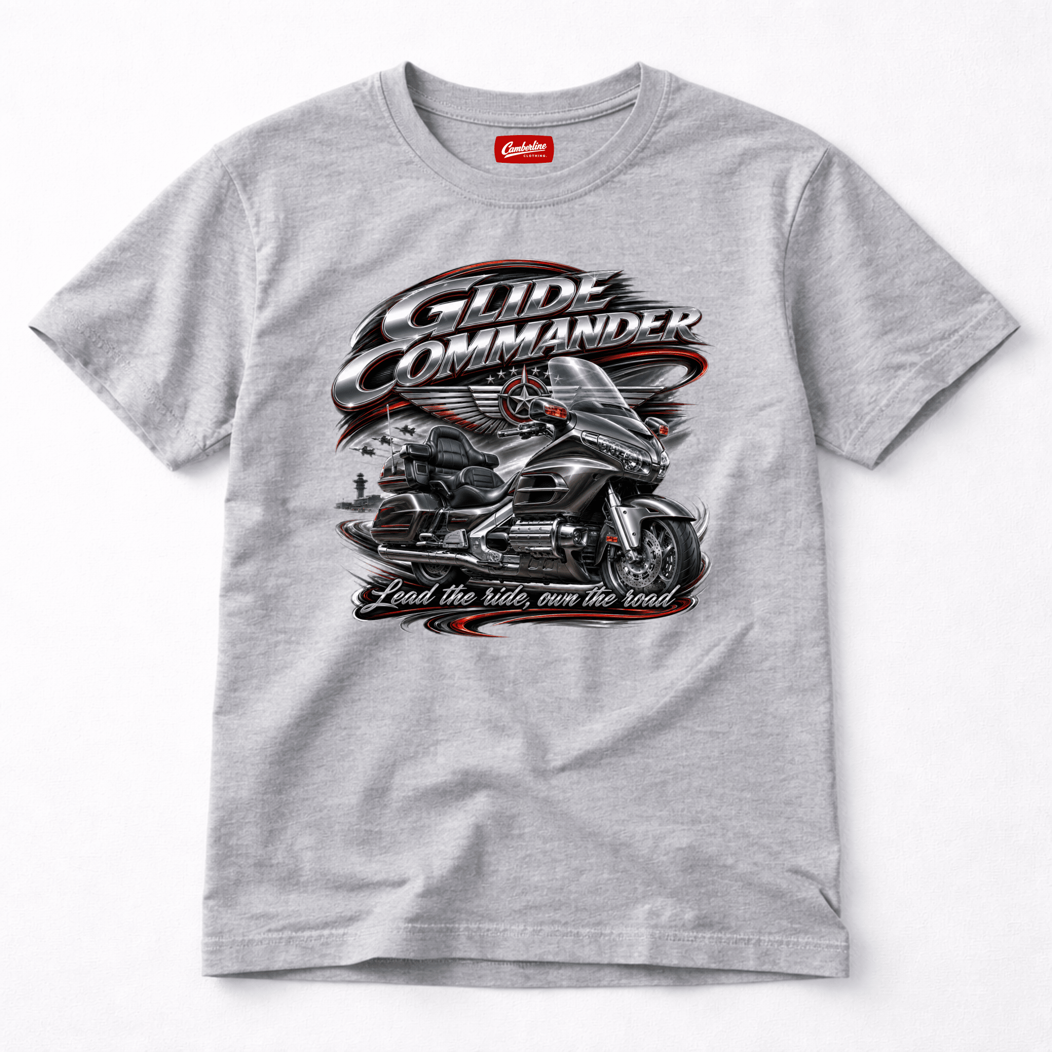 Camberline Riders Glide Commander Luxury Tourer T-Shirt – Grey — front view showing the Camberline Riders Glide Commander Luxury Tourer graphic print