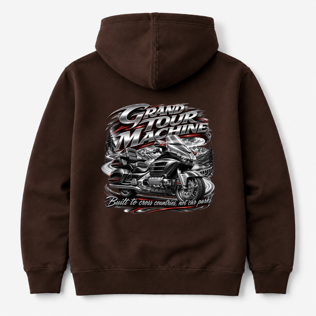 Camberline Riders Grand Tour Machine Touring Motorcycle Hoodie – Hot Chocolate — back view showing the Camberline Riders Grand Tour Machine Touring Motorcycle graphic print
