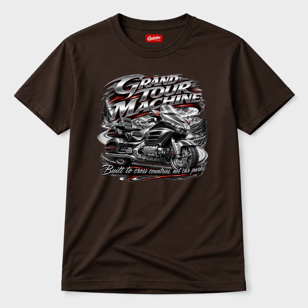 Camberline Riders Grand Tour Machine Touring Motorcycle T-Shirt – Dark Chocolate — front view showing the Camberline Riders Grand Tour Machine Touring Motorcycle graphic print