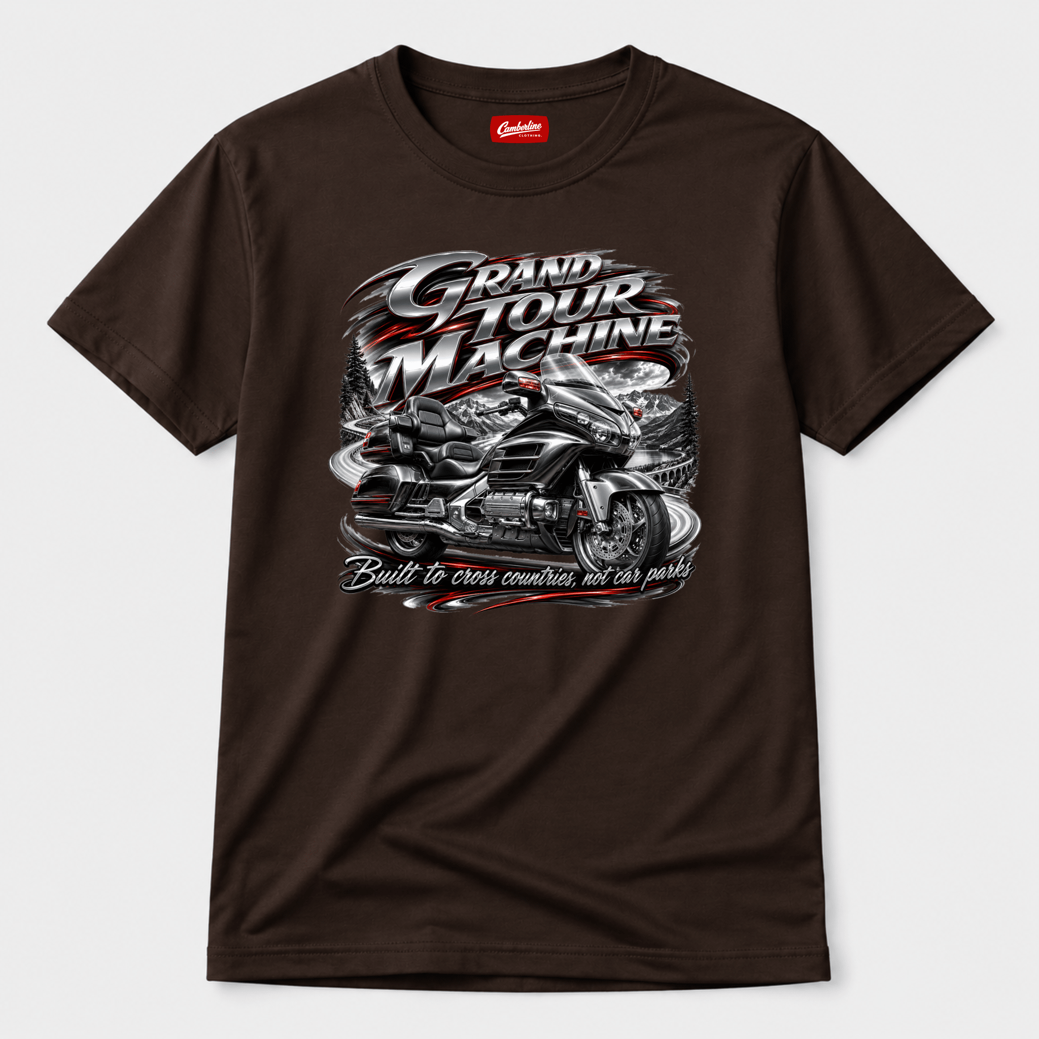 Camberline Riders Grand Tour Machine Touring Motorcycle T-Shirt – Dark Chocolate — front view showing the Camberline Riders Grand Tour Machine Touring Motorcycle graphic print
