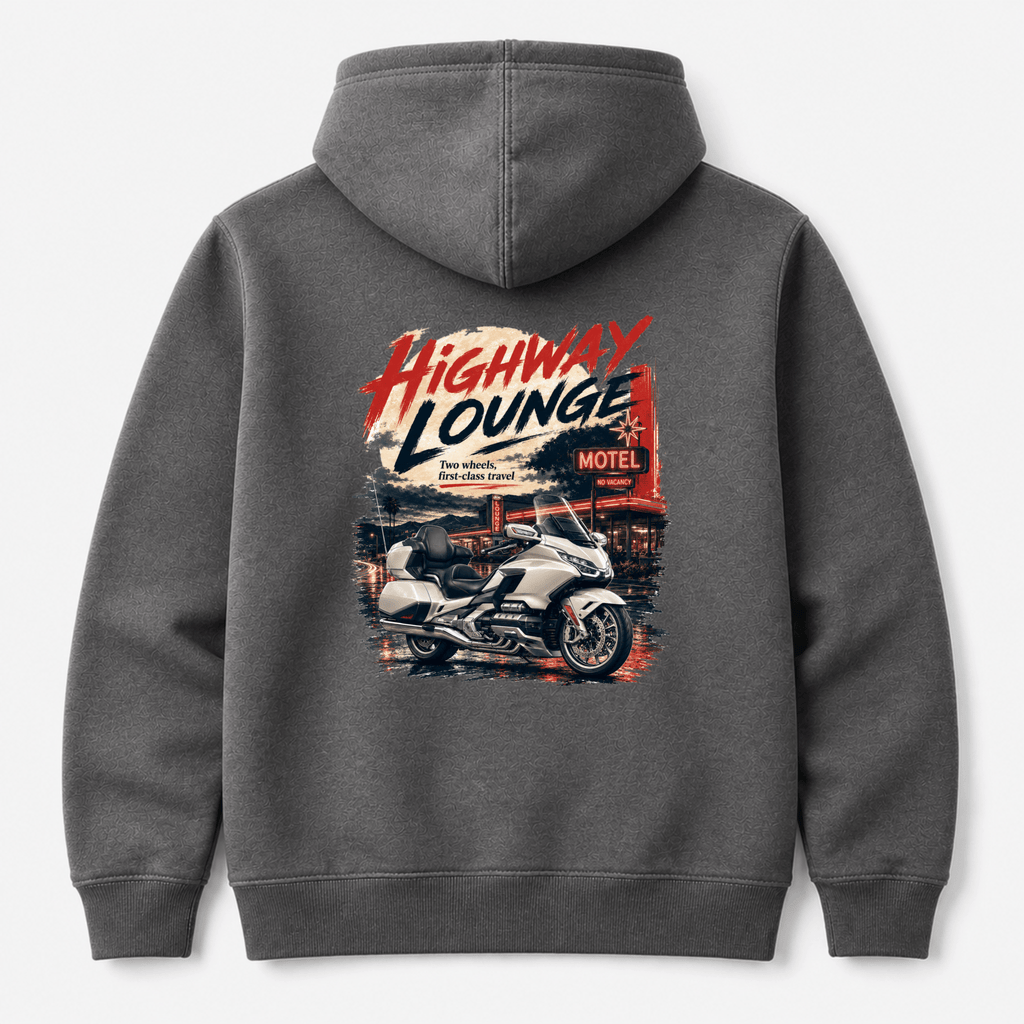Camberline Riders Highway Lounge Touring Motorcycle Hoodie – Charcoal — back view showing the Camberline Riders Highway Lounge Touring Motorcycle graphic print