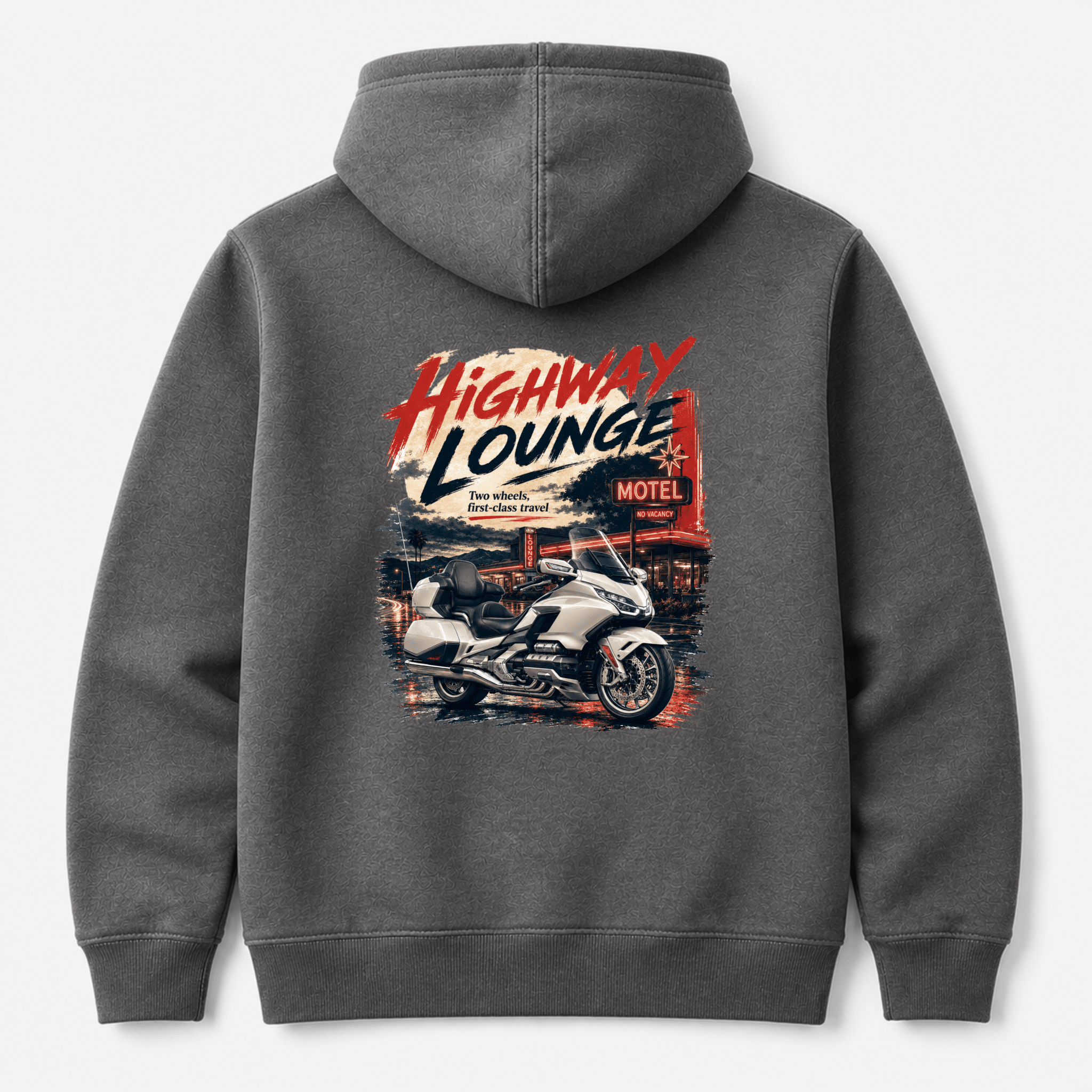 Camberline Riders Highway Lounge Touring Motorcycle Hoodie – Charcoal — back view showing the Camberline Riders Highway Lounge Touring Motorcycle graphic print