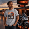 Model wearing the Camberline Riders Highway Lounge Touring Motorcycle T-Shirt – Sport Grey, showing the Camberline Riders graphic in a motorcycle-inspired setting