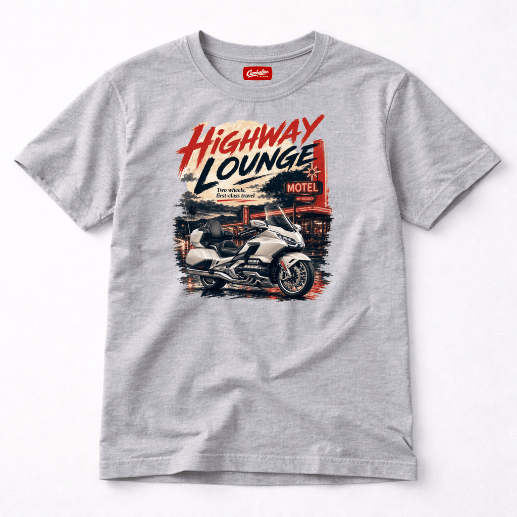 Camberline Riders Highway Lounge Touring Motorcycle T-Shirt – Sport Grey — front view showing the Camberline Riders Highway Lounge Touring Motorcycle graphic print