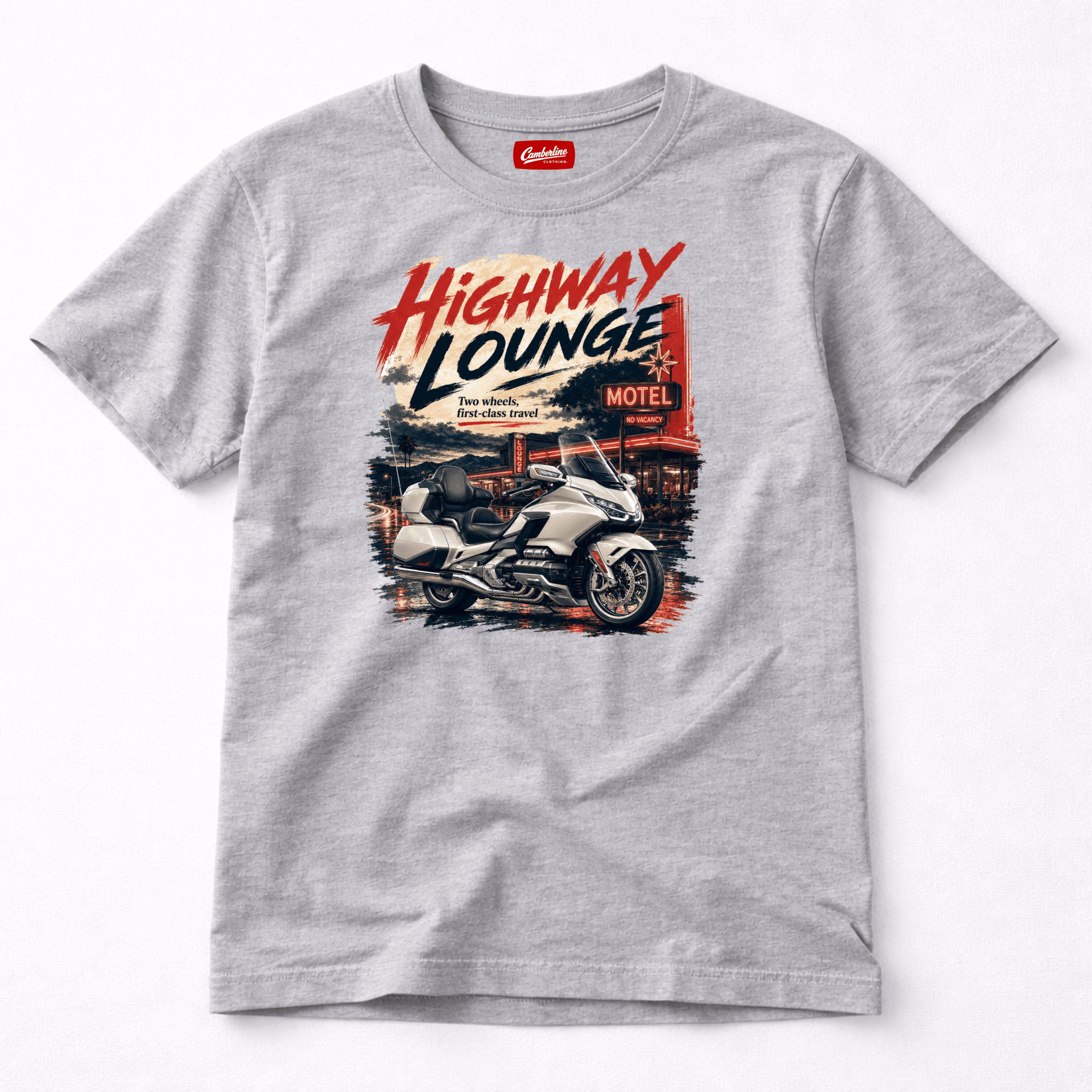 Camberline Riders Highway Lounge Touring Motorcycle T-Shirt – Sport Grey — front view showing the Camberline Riders Highway Lounge Touring Motorcycle graphic print