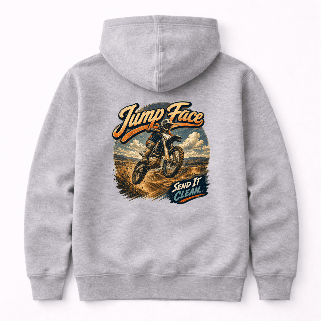 Camberline Riders Jump Face Motocross Dirt Bike Hoodie – Heather Grey — back view showing the Camberline Riders Jump Face Motocross Dirt Bike graphic print