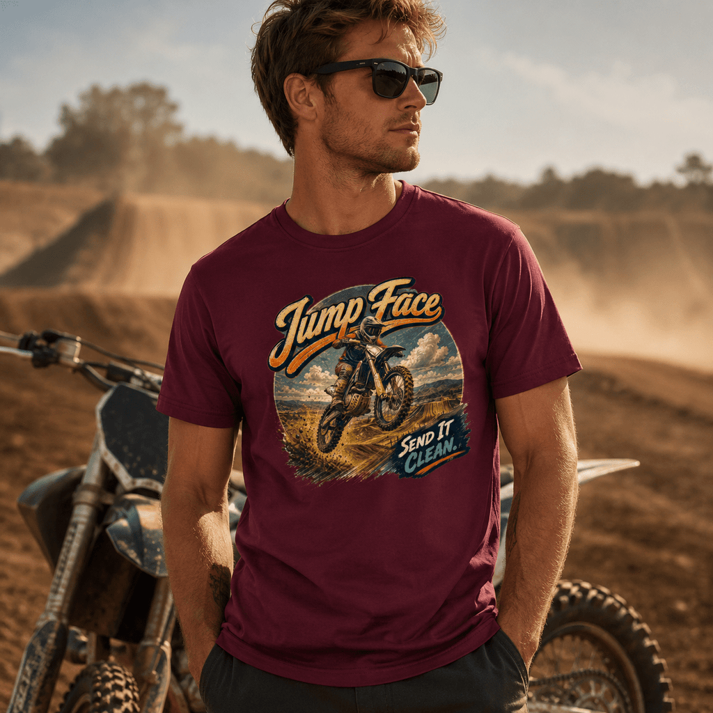 Model wearing the Camberline Riders Jump Face Motocross Dirt Bike T-Shirt – Burgundy, showing the Camberline Riders graphic in a motorcycle-inspired setting
