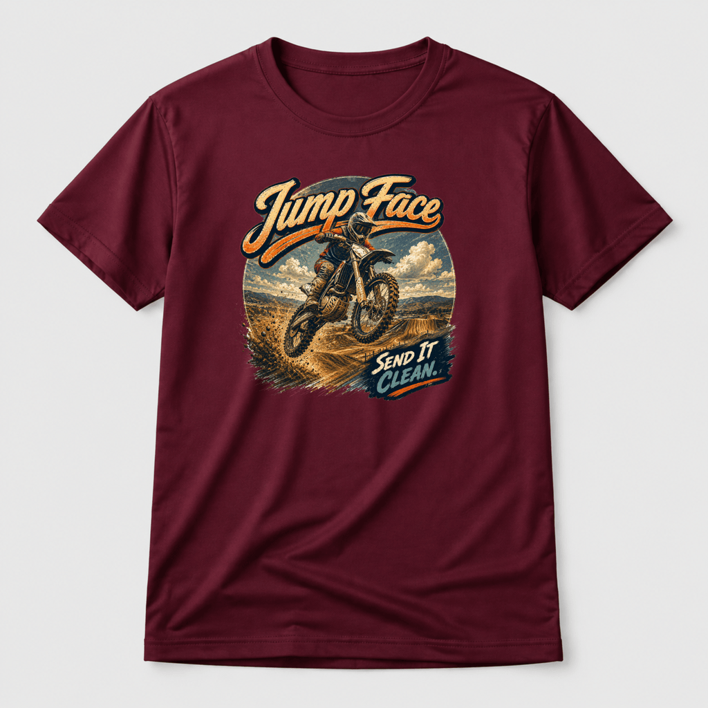 Camberline Riders Jump Face Motocross Dirt Bike T-Shirt – Burgundy — front view showing the Camberline Riders Jump Face Motocross Dirt Bike graphic print
