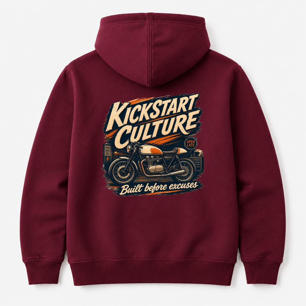 Camberline Riders Kickstart Culture Café Racer Hoodie in Burgundy — back view showing vintage motorcycle graphic with "Built Before Excuses" tagline