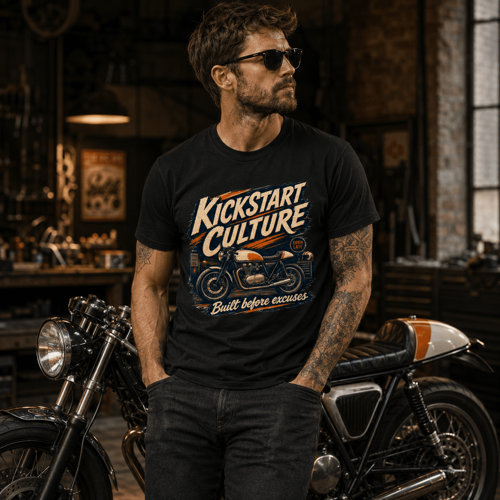 Tattooed man wearing a black Kickstart Culture café racer motorcycle graphic t-shirt, standing in a vintage motorcycle workshop with a classic café racer bike