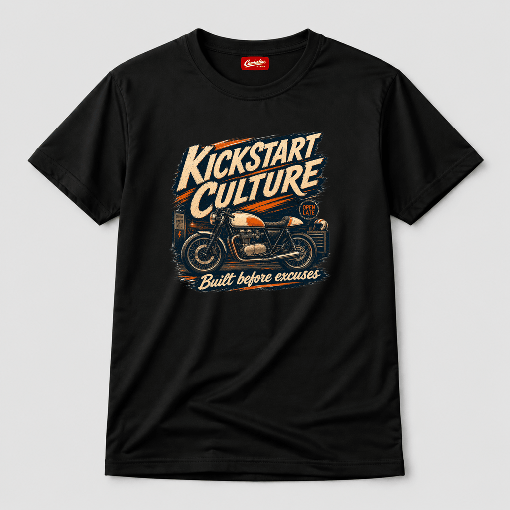 Camberline Riders Kickstart Culture Café Racer T-Shirt in Black — front view showing vintage motorcycle graphic with "Built Before Excuses" tagline and Camberline neck label