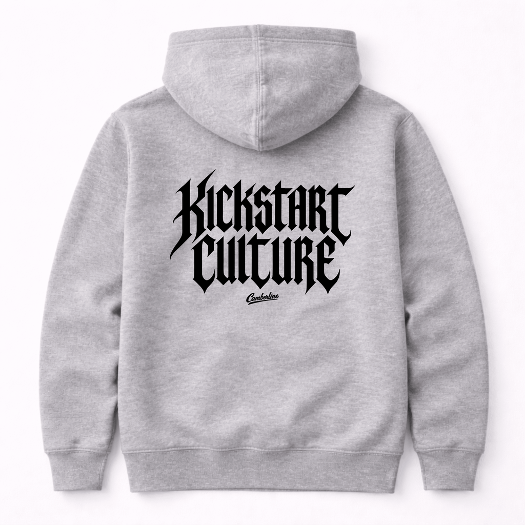 Camberline Riders Kickstart Culture Gothic Typography Hoodie in Heather Grey — back view showing large bold blackletter "Kickstart Culture" print with Camberline script logo