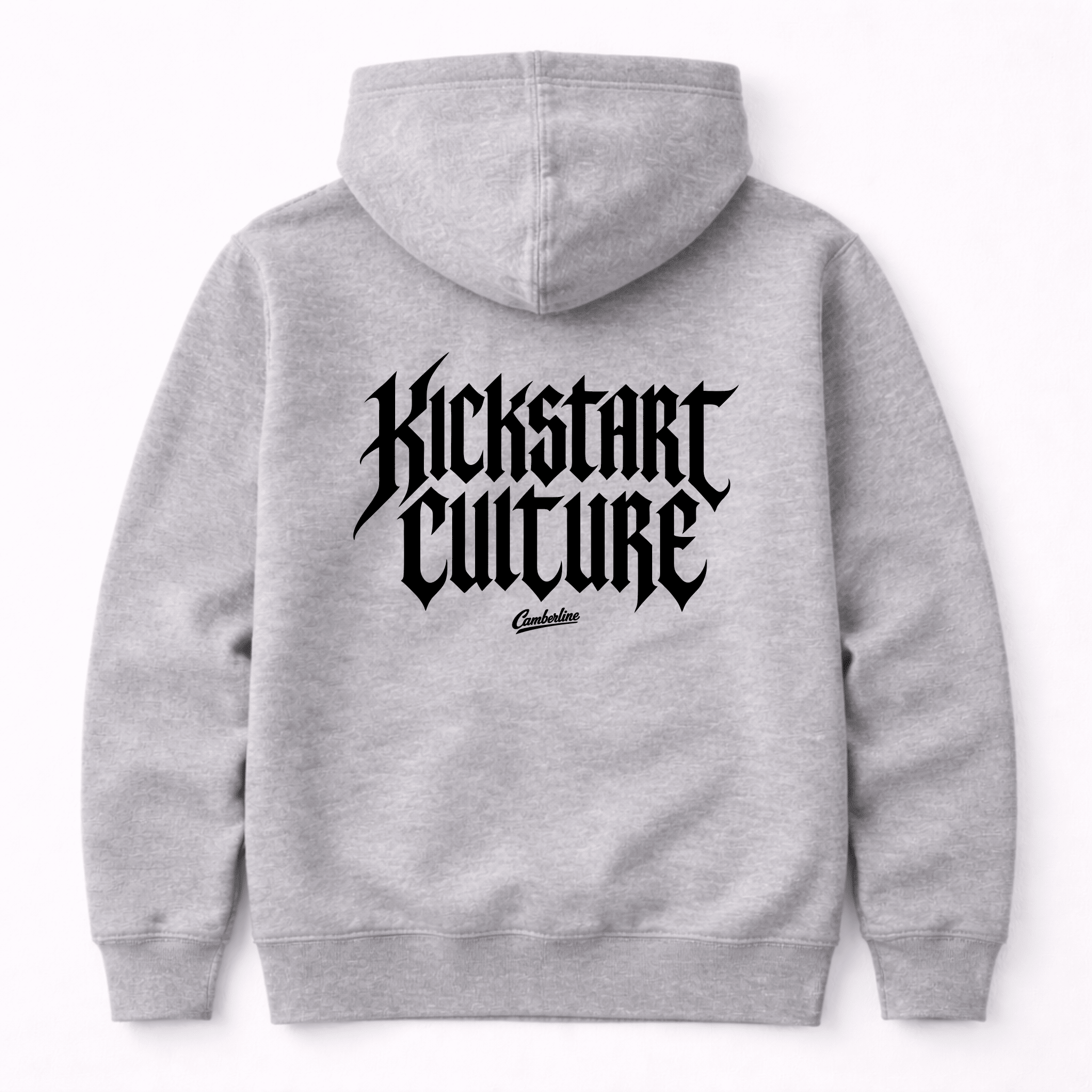 Camberline Riders Kickstart Culture Gothic Typography Hoodie in Heather Grey — back view showing large bold blackletter "Kickstart Culture" print with Camberline script logo
