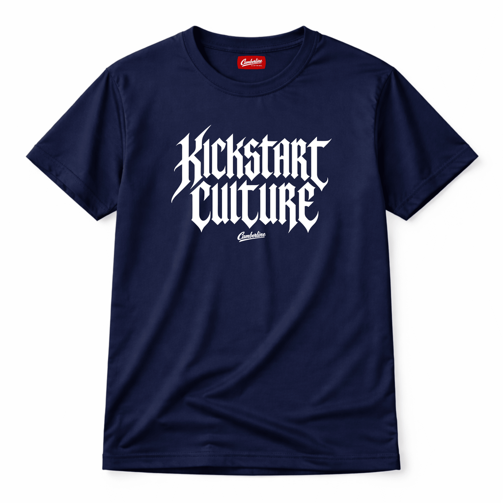 Camberline Riders Kickstart Culture Gothic Typography T-Shirt in Navy — front view showing large bold white blackletter "Kickstart Culture" print with Camberline script logo and red neck label