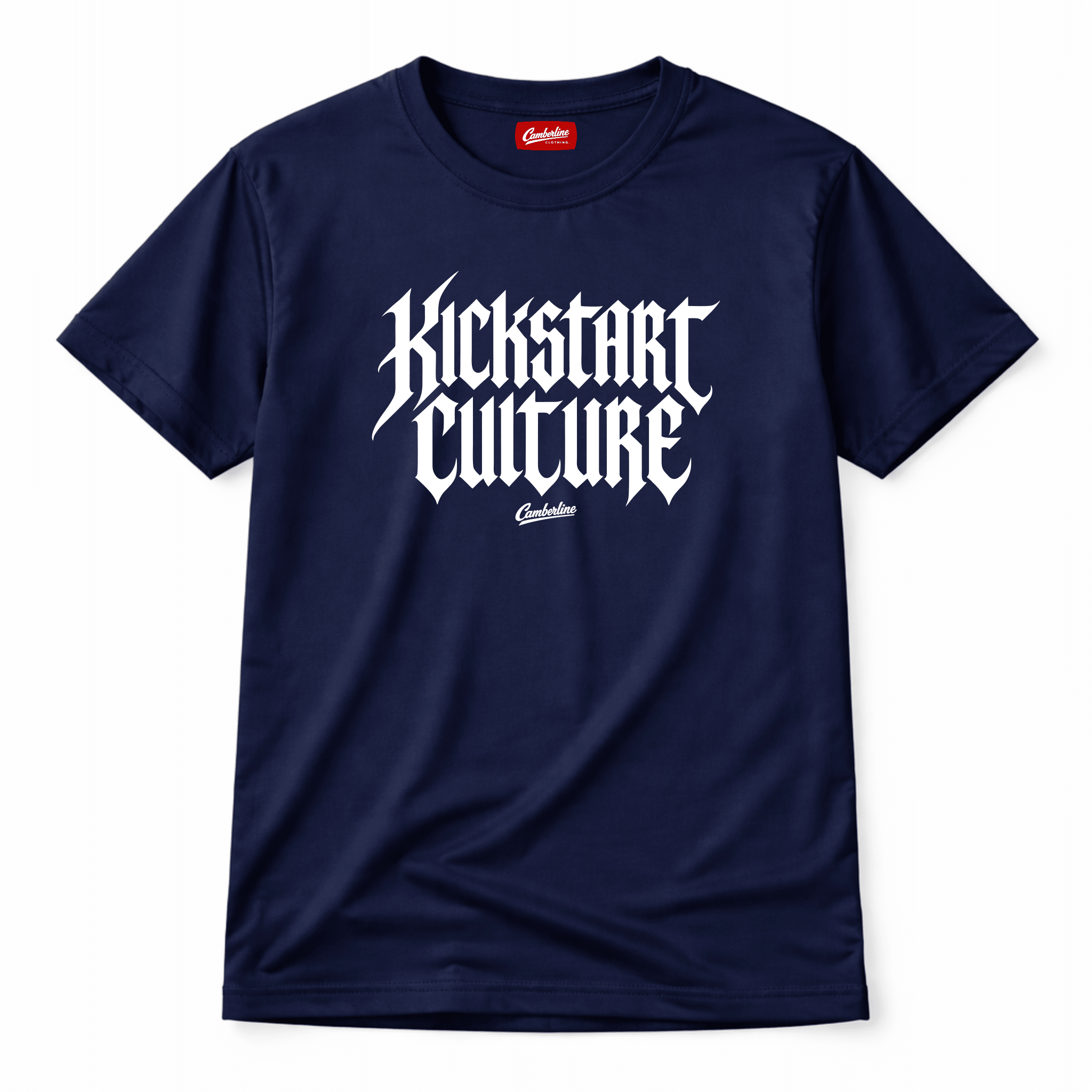 Camberline Riders Kickstart Culture Gothic Typography T-Shirt in Navy — front view showing large bold white blackletter "Kickstart Culture" print with Camberline script logo and red neck label