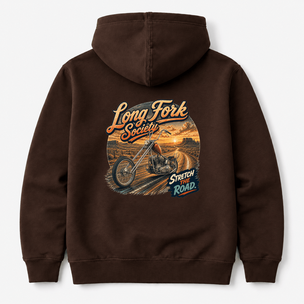 Camberline Riders Long Fork Society Chopper Motorcycle Hoodie – Hot Chocolate — back view showing the Camberline Riders Long Fork Society Chopper Motorcycle graphic print