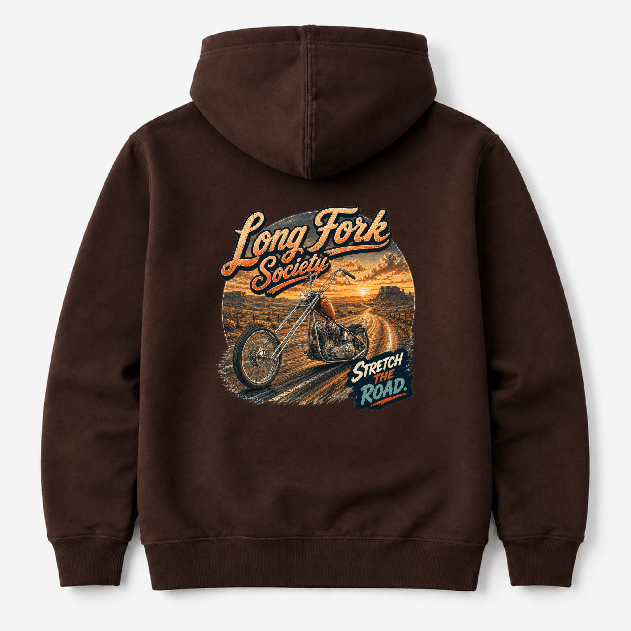 Camberline Riders Long Fork Society Chopper Motorcycle Hoodie – Hot Chocolate — back view showing the Camberline Riders Long Fork Society Chopper Motorcycle graphic print