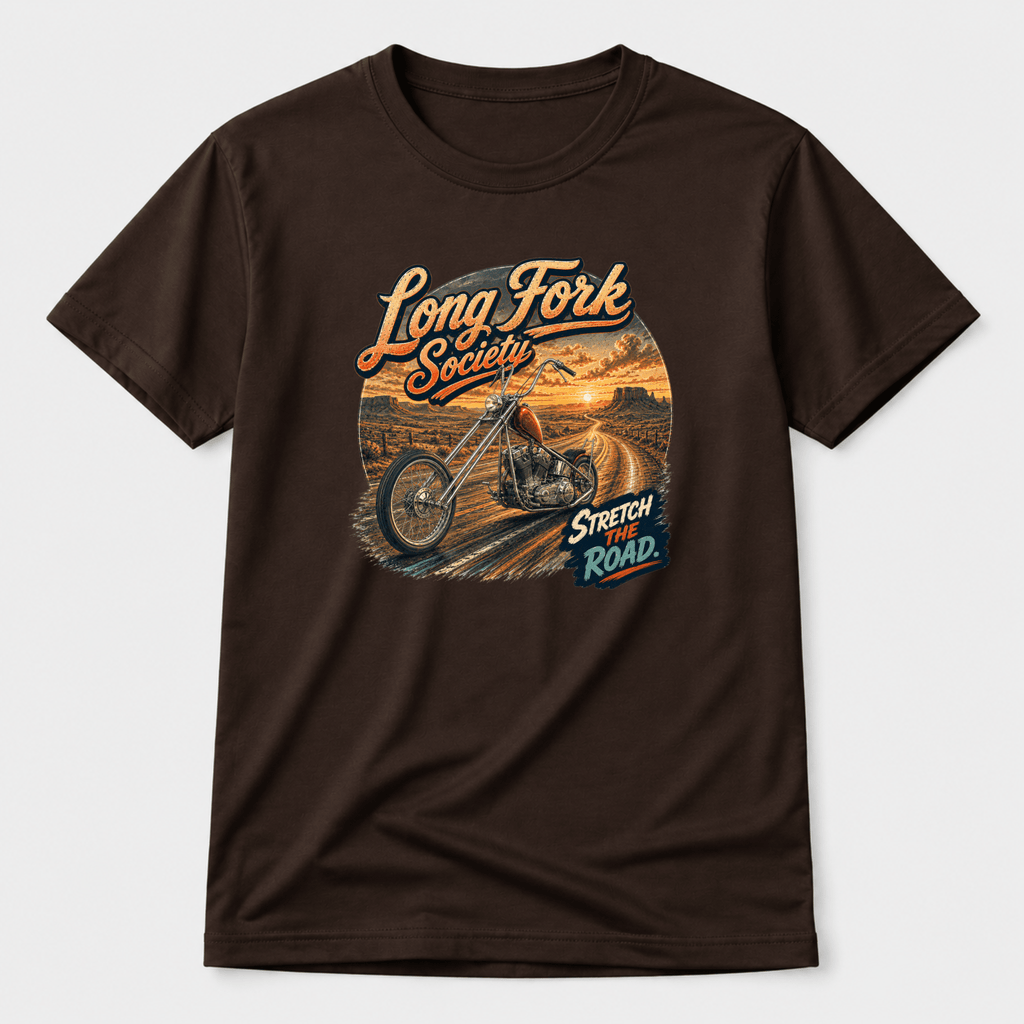 Camberline Riders Long Fork Society Chopper T-Shirt – Dark Chocolate — front view showing the Camberline Riders Long Fork Society Chopper graphic print