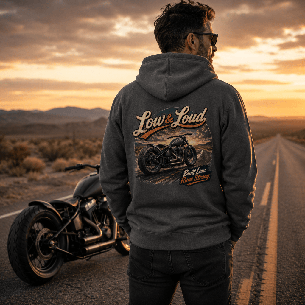 Model wearing the Camberline Riders Low and Loud Bobber Motorcycle Hoodie – Charcoal, showing the Camberline Riders graphic in a motorcycle-inspired setting