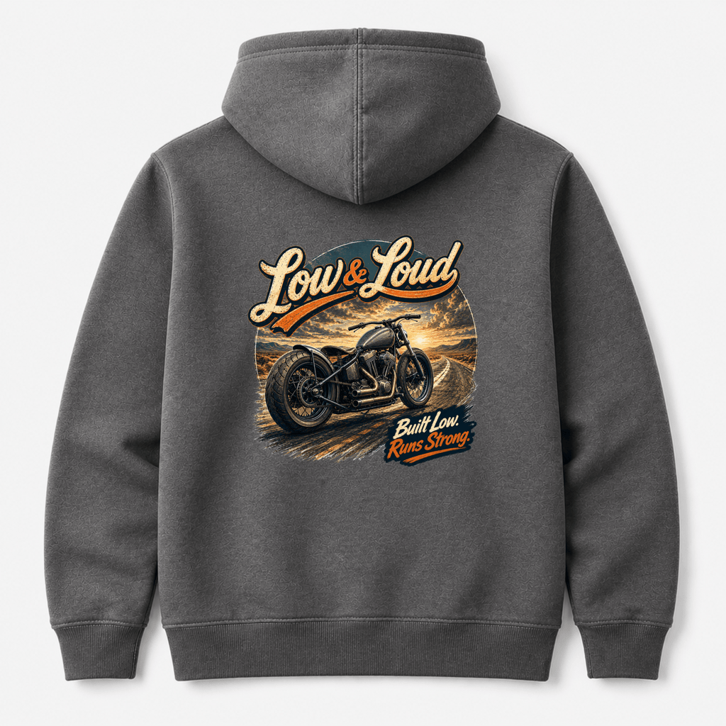 Camberline Riders Low and Loud Bobber Motorcycle Hoodie – Charcoal — back view showing the Camberline Riders Low and Loud Bobber Motorcycle graphic print