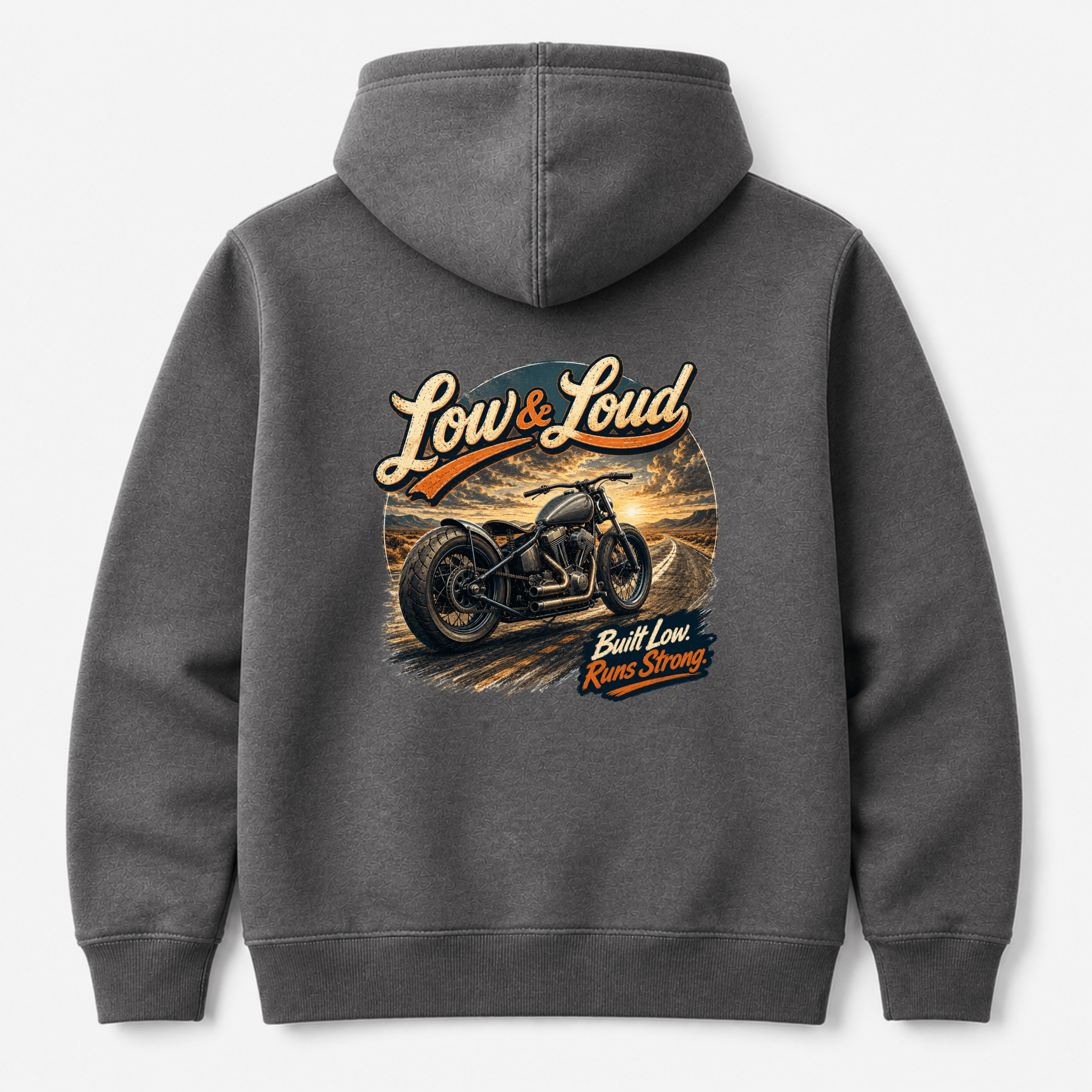 Camberline Riders Low and Loud Bobber Motorcycle Hoodie – Charcoal — back view showing the Camberline Riders Low and Loud Bobber Motorcycle graphic print