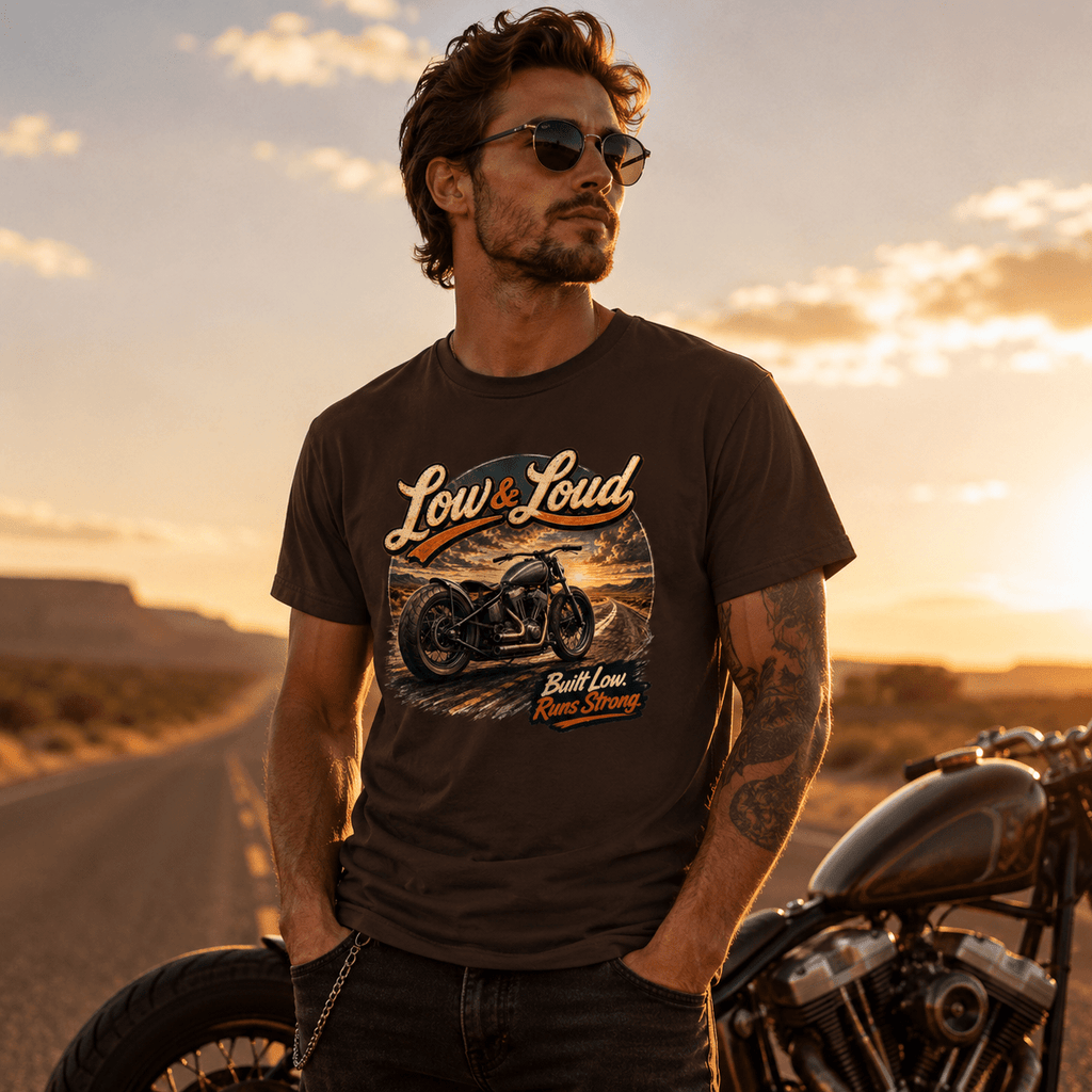 Model wearing the Camberline Riders Low and Loud Bobber Motorcycle T-Shirt – Dark Chocolate, showing the Camberline Riders graphic in a motorcycle-inspired setting