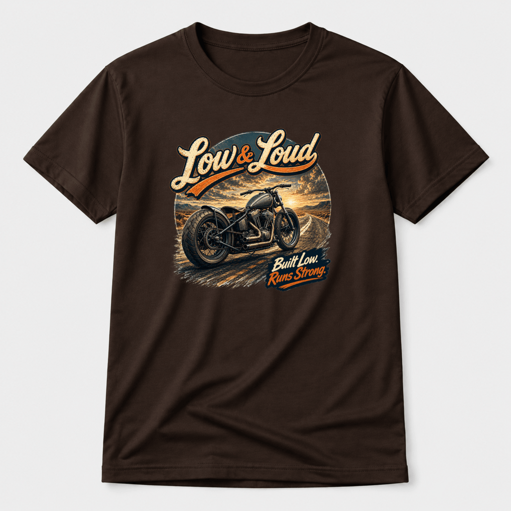 Camberline Riders Low and Loud Bobber Motorcycle T-Shirt – Dark Chocolate — front view showing the Camberline Riders Low and Loud Bobber Motorcycle graphic print